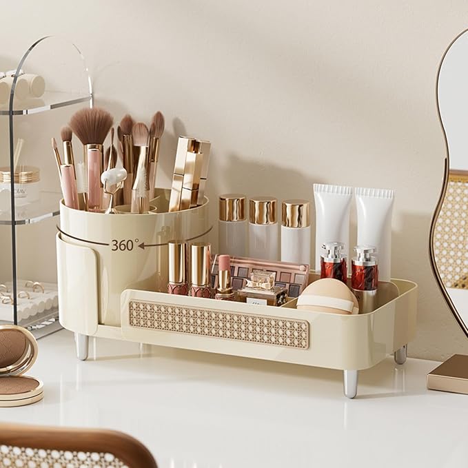Rotating Makeup Organizer Countertop,Large Capacity Makeup Organizers for Vanity,2 in 1 makeup storage organizer for Bathrooms,Cosmetic Display Case(Cream)