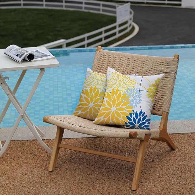 Yellow Blue Outdoor Pillow Cover 20X20 Inch Set of 2 Outdoor Waterproof Summer Floral Yellow Decorative Pillow case Decor for Couch Patio Funiture Garden Print Polyester Cushion Cover 01J20