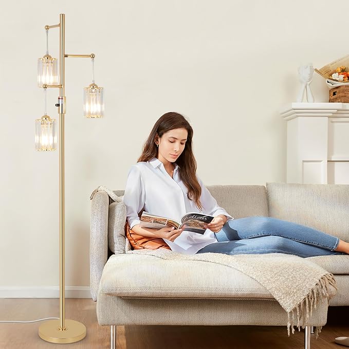 Gold Crystal Floor Lamps for Living Room, Dimmable 3 Lights Modern Standing Lamp with Crystal Shade, Dimmer Switch, 65" Industrial Tall Tree Lamp, Vintage Brass Corner Lamp for Bedroom