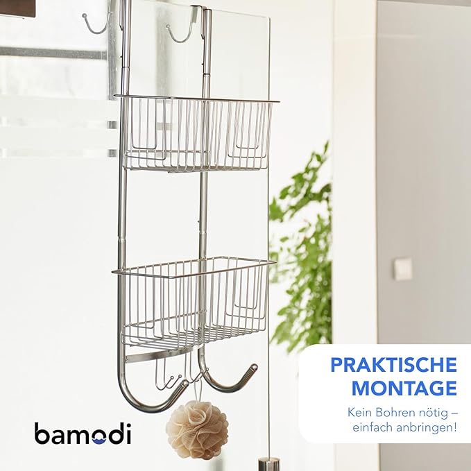 Bamodi Shower Caddy Hanging - 2 Tier Over Door Chrome Plated - No Drilling Required - Fits Shower Screens up to 0.78 inches - Hangable Shower Rack with 2 Towel Hooks (27.5 x 7.5 x 7.3 INCHES)