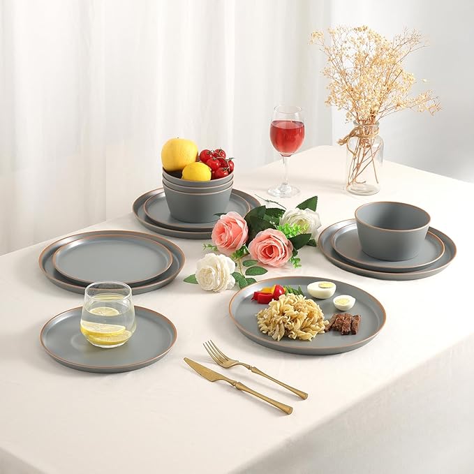 Melamine Dinnerware for 4, 12 Pieces Unbreakable Matte Plastic Plates and Bowls set, Kitchen Dish set BPA Free, Dishwasher Top Safe, Not Microwave, Not Oven (Grey)