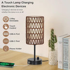 Bedside Lamps Set of 2, Touch Control Night Stand Lamp for Bedroom with Rattan & Linen Shade & Bulbs, 3 Way Dimmable Small Boho Table Lamps with USB Charging Port & Phone Stand (Coffee Color)