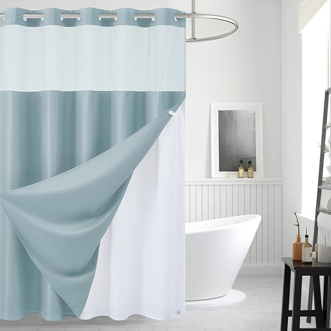 Extra Long Waterproof Bath Curtain 71x96 Fabric,Cloth Shower Liner with 12 Snap Buttons, Magnetic Hem with Fog Blue Waffle Weave Texture,No Hook Hotel Grade Machine Washable Curtain,Top Sheer Window.