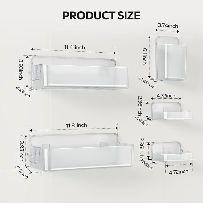 Nieifi Adhesive Wall Shelf, Shower Sheves 5 Pack with Soap Holder, Shower Organizer for Bathroom Organization, Clear