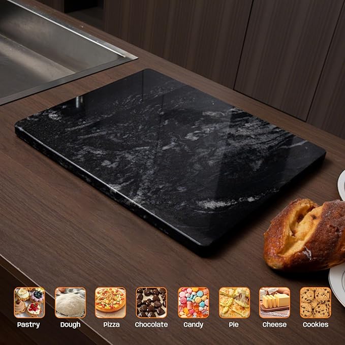 Black Marble Cutting Board For Kitchen, 16x20 Inch Large Marble Slab Pastry Board With Non-Slip Feet For Baking, Cheese, Charcuterie, Chocolate