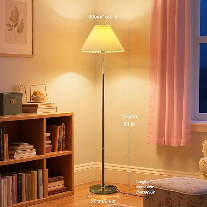 Pleated Lampshade Floor Lamp for Living Room Corners Bedrooms Bedside Offices Farmhouse, Golden Base, Bright 12W Tri Color Dimming Reading Light, Modern Cute Unique Retro Standing lamp