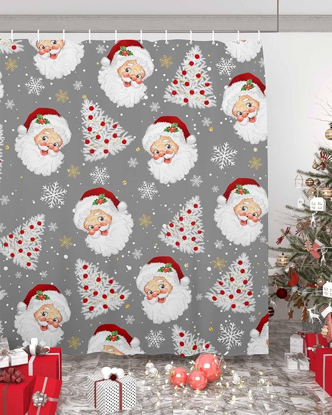 Grey Christmas Shower Curtain, Santa Claus Merry Christmas Tree Shower Curtains Set with Hooks, Winter Snowflake Waterproof Fabric Bathroom Curtains Decor Home Accessories,72 X 72 Inch Long
