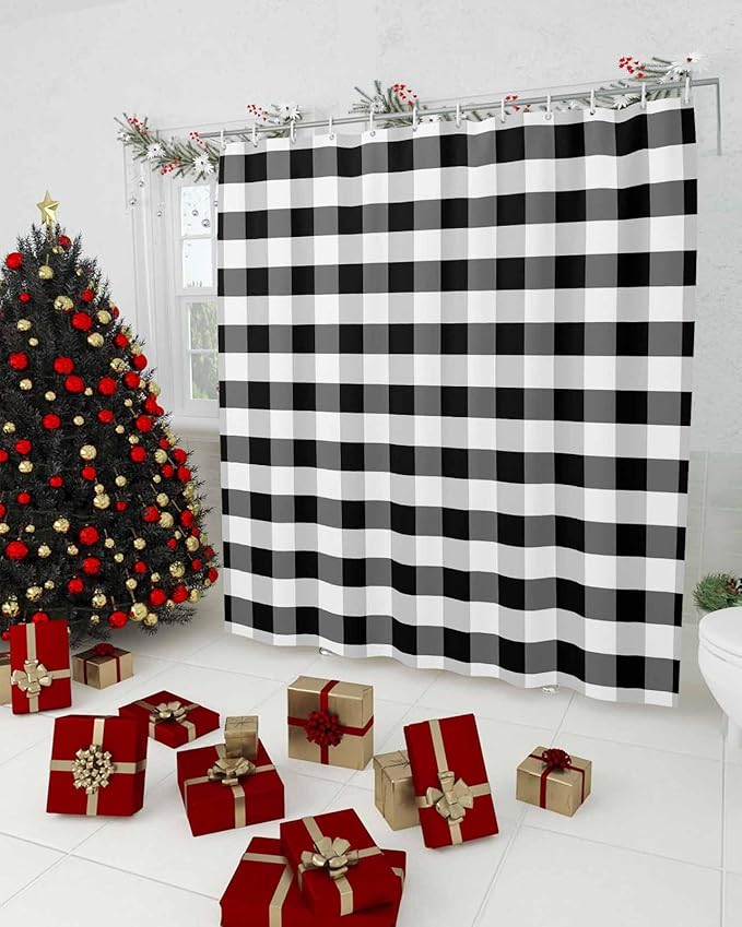 Vandarllin Rustic Black White Buffalo Check Plaid Pattern Shower Curtain, Farmhouse Shower Curtains Set with Hooks, Waterproof Fabric Bathroom Curtains Decor Home Accessories, Stall Long 36 X 78 Inch