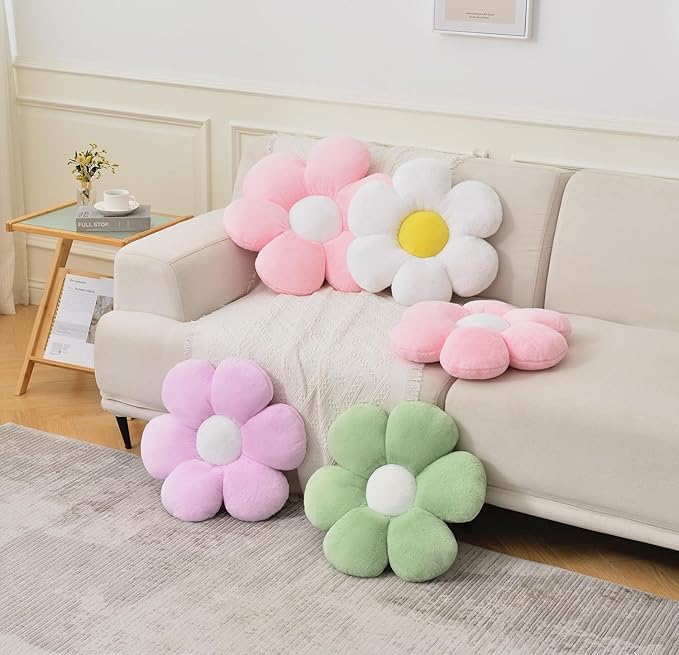 White Flower Pillow, Daisy Shaped Throw Pillow 15.7In, Cute Flower Seating Cushion for Sofa, Couch, Bed