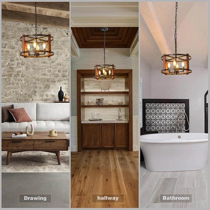 Farmhouse Wood Chandelier,18 Inch Black Modern Rustic Vintage Hanging Pendant Ceiling Light Fixture for Dining Room Bedroom Kitchen Island Hallway Foyer Entryway（4 Light