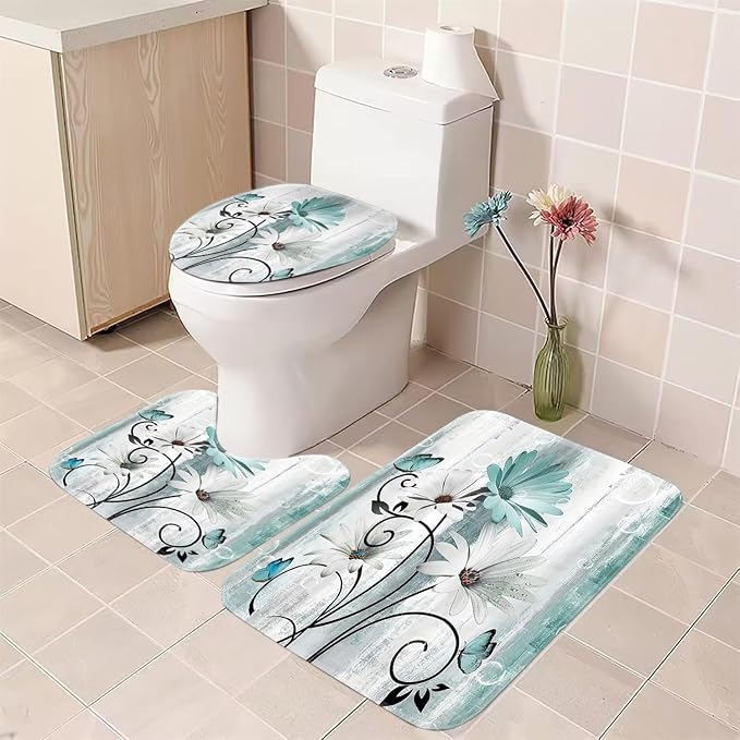 Rustic Farmhouse Shower Curtain Set, Butterfly Design and Teal Daisy Floral Flowers, Turquoise, Bath Mat, Toilet Lid Cover, U Shaped Rugs, 12 Hooks, 70.8 x 70.8 Inches,Waterproof.
