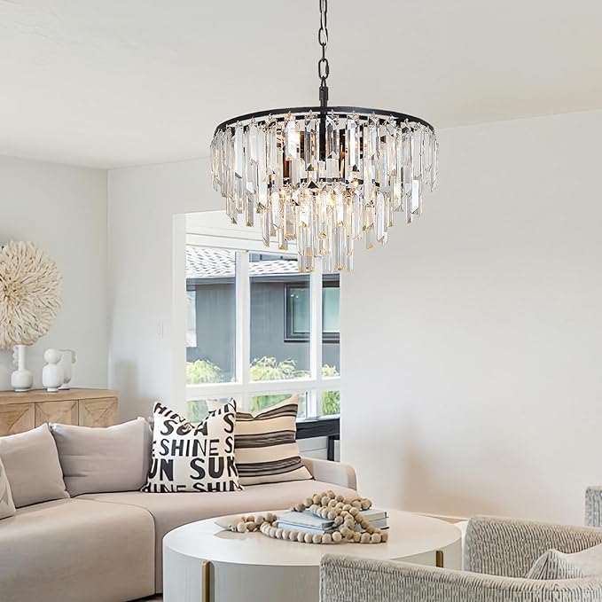 Black Crystal Chandelier Modern Round Dining Room Chandelier 4-Tier 6 Lights Dimmable Top K9 Luxury Ceiling Hanging Pendant Light Fixture for Dining Room Living Room Bedroom Foyer 18"