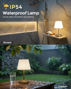 Outdoor Battery Operated Table Lamp, IP54 Waterproof Shower Lamp, 4000mAh Rechargeable Cordless Lamp, 3 Color Temperatures Dimmable, Small Touch Table Lamp for Bedroom, Patio, Camping, Restaurant