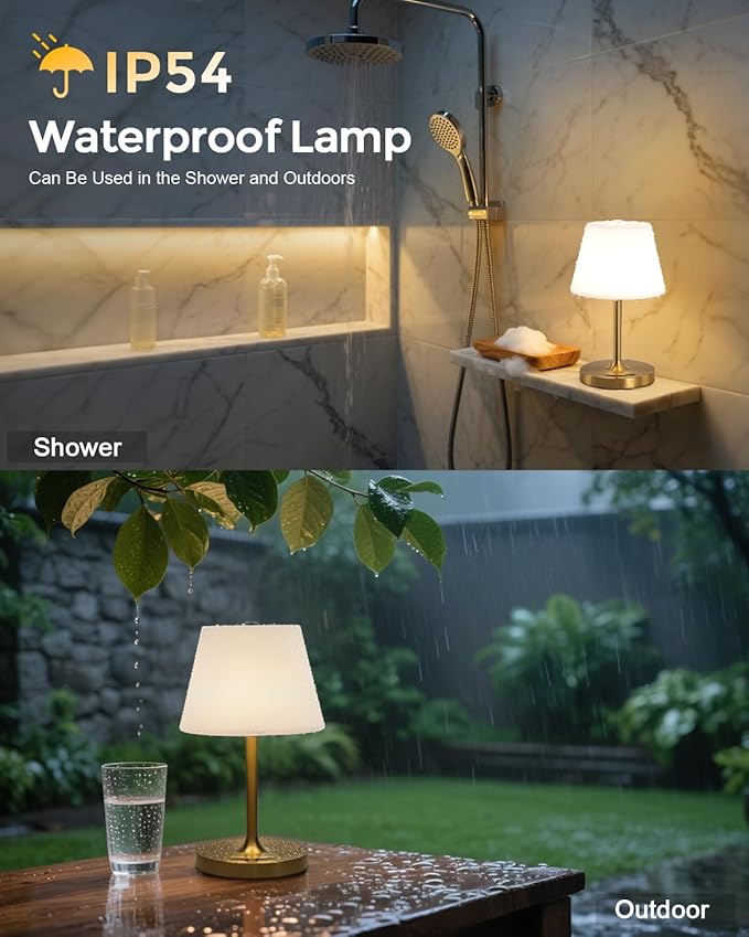 Outdoor Battery Operated Table Lamp, IP54 Waterproof Shower Lamp, 4000mAh Rechargeable Cordless Lamp, 3 Color Temperatures Dimmable, Small Touch Table Lamp for Bedroom, Patio, Camping, Restaurant