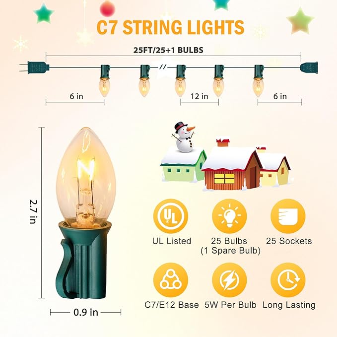 Brightown C7 Christmas Lights Outdoor 25 Feet Warm White Christmas Lights String Green Wire for Room Roofline House Garden Patio Backyard Cafe Party Xmas Home Decorations, 25 Clear Bulbs