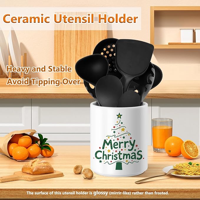 Christmas Utensil Holder Ceramic Cooking Utensil Holder for Kitchen Counter, Large Spatula Holder Glossy White Christmas Gift Kitchen Decor （6.5”H x 5.5”D）