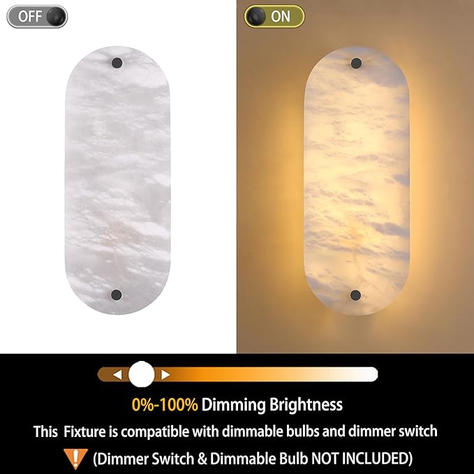 2 Pack 2 Light Oval 12" Alabaster Marble Bathroom Wall Sconce Modern Concise Style Wall Light Fixture,Dark Gray Finish for Bedroom Hallway Bedside