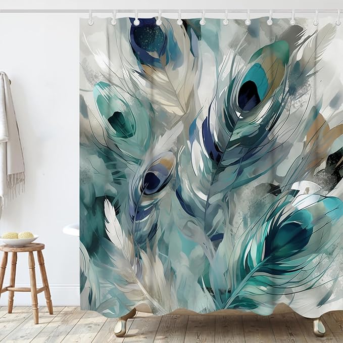 Vintage Peacock Feathers Theme Bathroom Bathtubs Fabric Shower Curtain Watercolor Peafowl Feather Shower Curtain Set with 12 Hooks 72x78 inch Polyester Machine Washable, Blue Grey and White