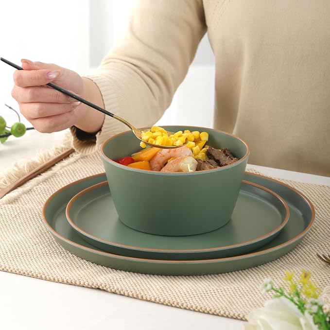 Melamine Dinnerware for 4, 12 Pieces Unbreakable Matte Plastic Plates and Bowls set, Kitchen Dish set BPA Free, Dishwasher Top Safe, Not Microwave, Not Oven (Green)