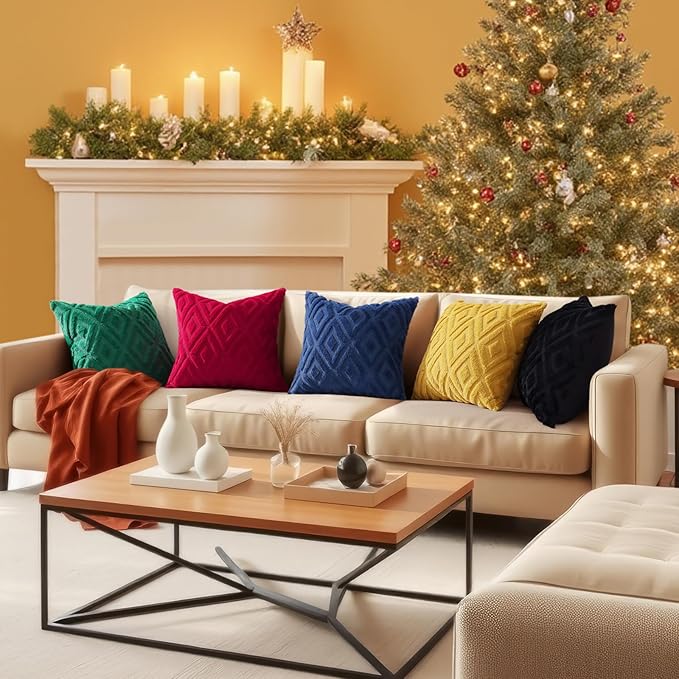 decorUhome Christmas Couch Throw Pillow Covers 22x22 Set of 2, Decorative Soft Plush Faux Wool Neutral Accent Pillow Covers for Bed Sofa Living Room, Red