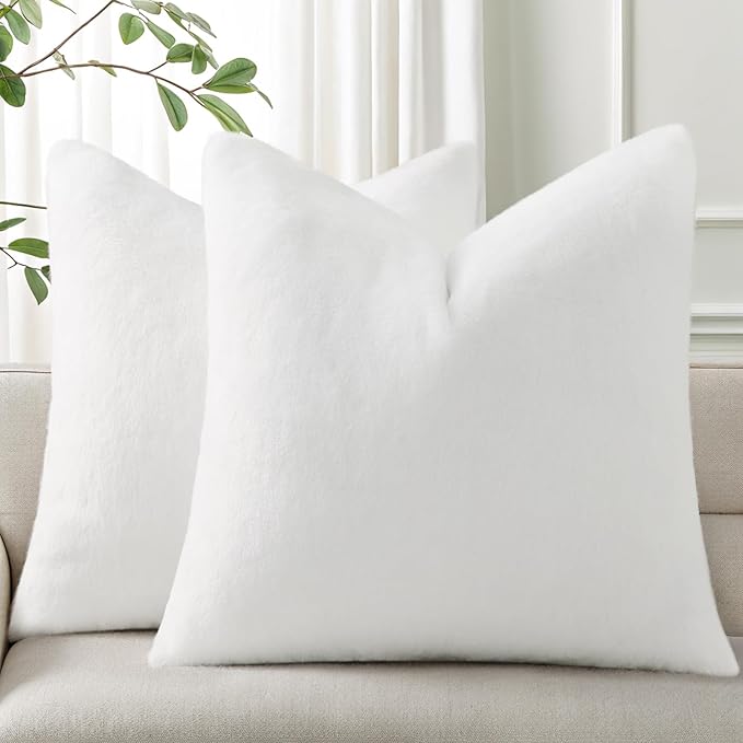 Pallene Faux Fur Plush Throw Pillow Covers 24x24 Set of 2, Soft Fluffy Couch Pillow Covers for Living Room, White