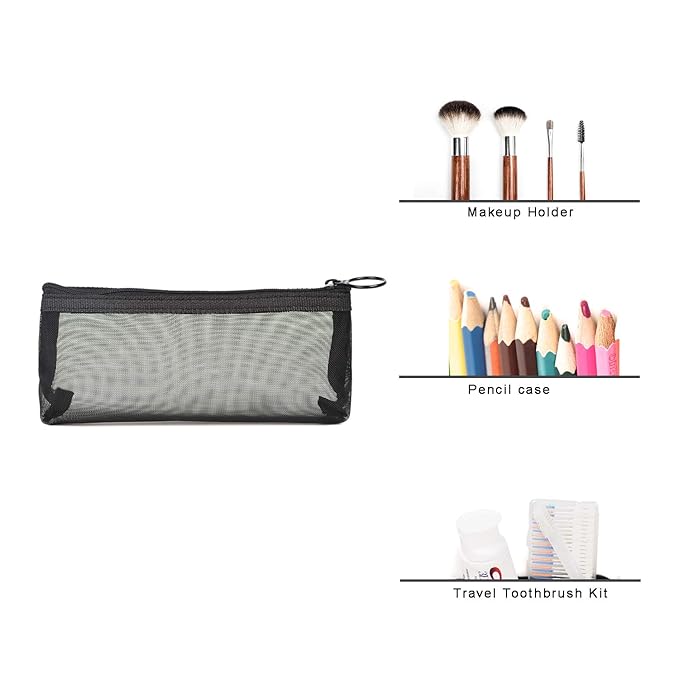 Patu Zipper Mesh Bags, Widened Long Case, 5 Pieces, Beauty Makeup Cosmetic Accessories Organizer, Travel Toiletry Kit Set Storage Pouch, Black