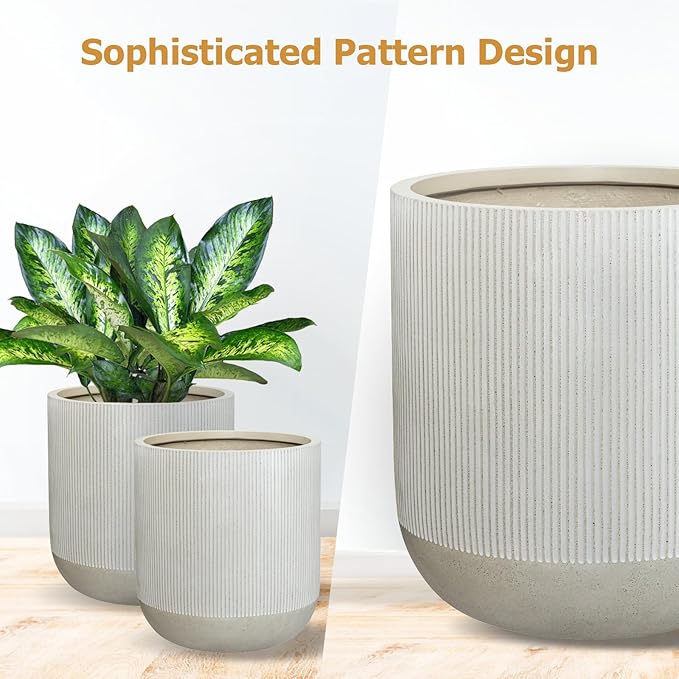 14.2" H x 13" D Ribbed Radius Fiberstone Round Planter with Drainage Hole, Weather Resistant for Indoor and Outdoor Use, Included 2 Extra Coco Mats (Frost Grey, 11.5" Pot Opening)