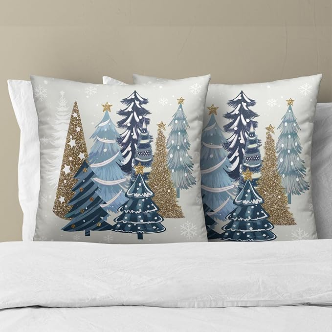 Christmas Tree Pillow Covers 18x18, Set of 2 Xmas Blue PineTrees Snowflakes Winter Holiday Decorative Pillow Protector Cases Square Cushion Cover for Sofa Couch Home Decor