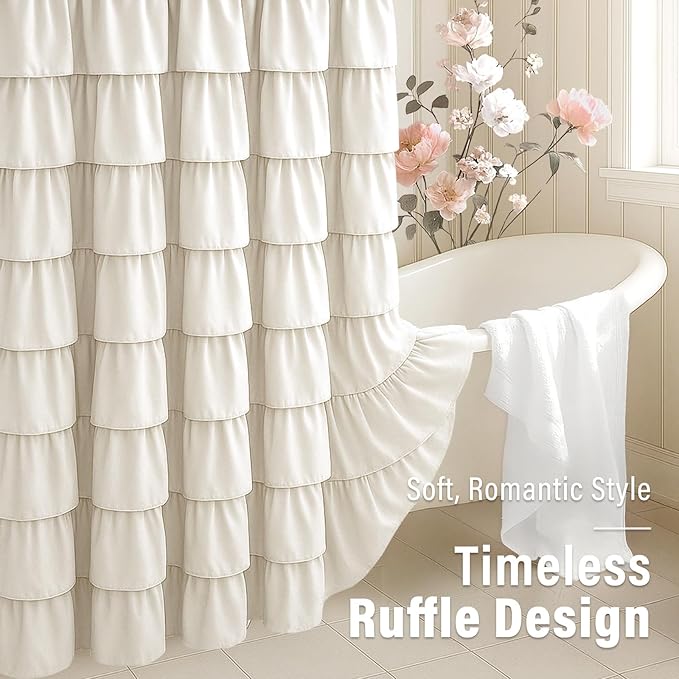 Seasonwood Ruffle Shower Curtain Cream Farmhouse Vintage Handcrafted Rustic Decorative Fabric Shower Curtains for Bathroom, 72" x 72"