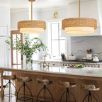 Large Coastal Boho Pendant Lights, 18.9in Woven Rattan Lighting Fixture, 2-Tier Rope Chandelier with Fabric Shade for Kitchen Island, Living Room, Dining Room, Bedroom, Restaurant