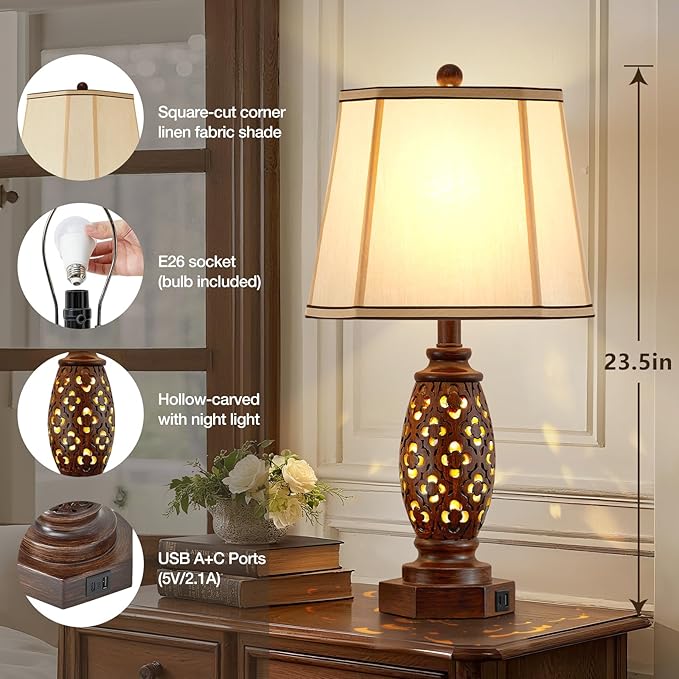 Bedside Lamps Set of 2-23.5" Vintage Table Lamp with USB A+C and Nightlight - Brown Carved Resin Farmhouse Desk Lamp for Bedrooms, End Tables, Living Room, Bulbs Included