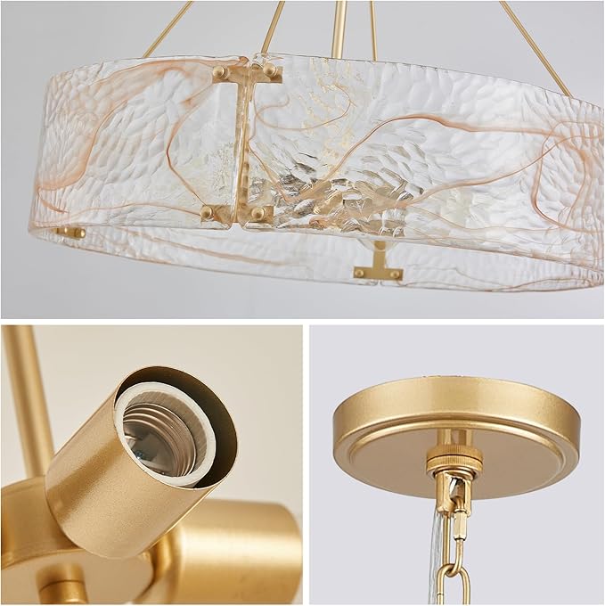 XINGQI 4-Light Modern Gold Glass Chandelier Round Water Ripple Pendant Lighting Fixture for Dining Room Living Room Kitchen Island Office Elegant French Chandeliers