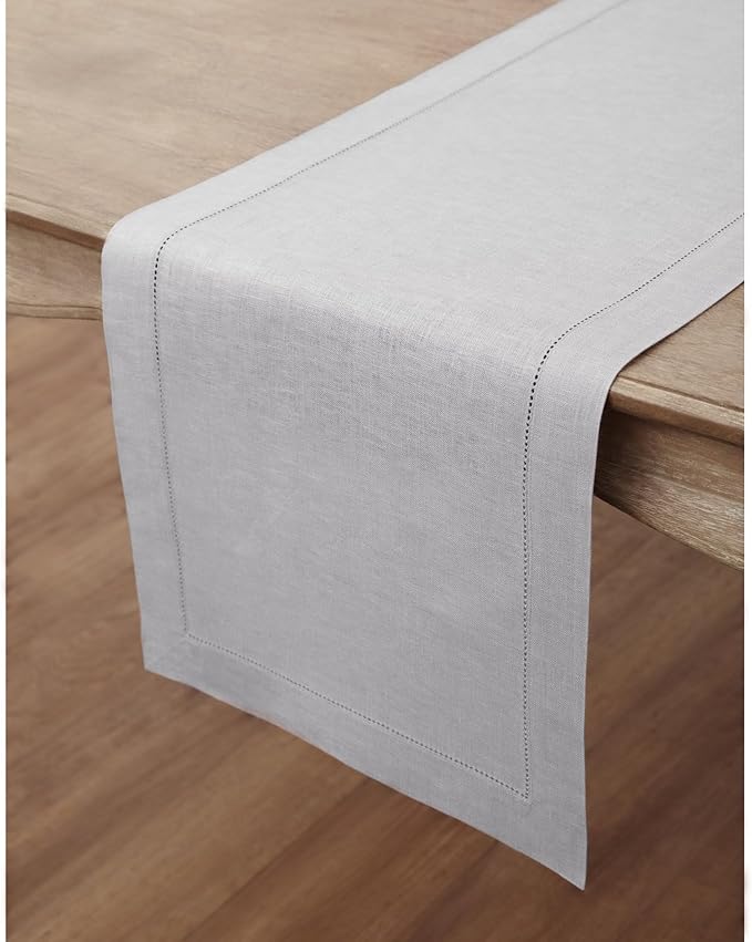 Solino Home Linen Soft Grey Table Runner 108 Inches Long - 100% Pure Linen 14 x 108 Inch Table Runner for Fall, Autumn, Thanksgiving, Christmas - Classic Hemstitch