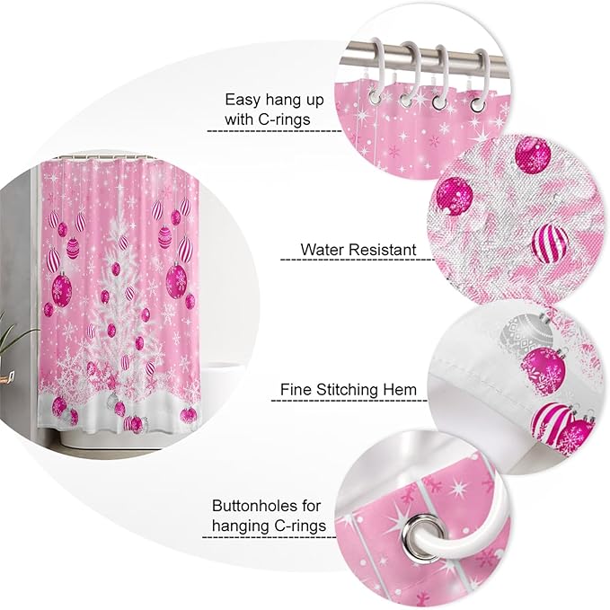 Vandarllin Pink Christmas Shower Curtain, White Xmas Tree Snowflakes Pink Balls Shower Curtains Set with Hooks, Winter Waterproof Fabric Bathroom Curtains Decor Home Accessories,72 X 72 Inch Long