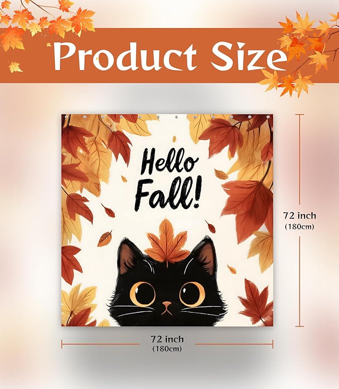 MAMUSE Fall Shower Curtain for Bathroom Stall Cute Decorative Waterproof Unique Design TeenWomen Cortinas de Baño Bathtub 72 x72 Inch, Cat Leaves
