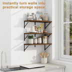 Fun Memories Floating Bookshelves, Set of 3 Wall-Mounted Wood Shelves 24" W x 8" D, Decorative Wall Shelf for Living Room, Bedroom, Bathroom, and Laundry Room (Walnut)