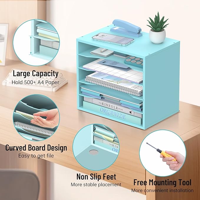 5-Tier Wood Desk Organizer, Paper Tray Organizer for Desk with Adjustable Storage Shelves, Desktop Paper Sorter Mail Holder for Office Home Classroom, Blue