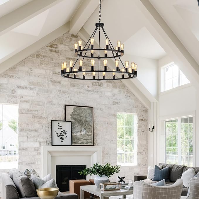 2 Tier Wagon Wheel Chandelier | 30-Lights 48 Inch Extra Large Chandeliers for High Ceilings | Black Wagon Wheel Light Fixture for Foyer | Entryway | Living Room
