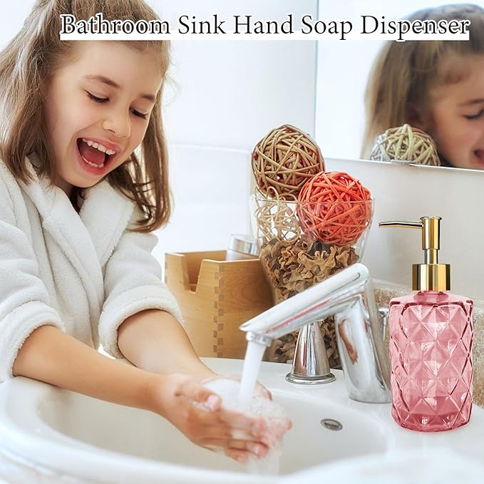 Glass Soap Dispenser with Pump, Hand Soap Dispenser for Hand Wash, Lotion Dispenser for Dishwashing Liquid, Lotion Shower Gel (Pink)