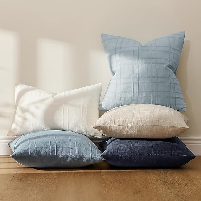 MIULEE Decorative Linen Check Throw Pillow Covers Neutral Farmhouse Vintage Pillow Covers 20x20 Set of 2 Boho Modern Home Decor for Sofa Couch Bedroom Cushion Navy Blue