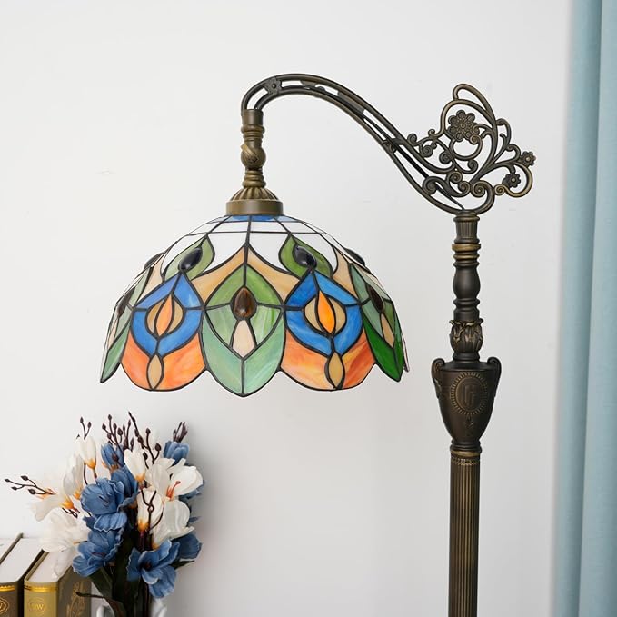 Tiffany Floor Lamp Green Peacock Tail Painted Glass Orange Adjustable Upright Reading Floor Lamp Living Room Dining Room Bedroom Tiffany Style Retro Home Lamp Light Luxury Home Decoration Art Lighting