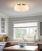 Kira Home Walker 20" Large Mid-Century Modern 3-Light Flush Mount Ceiling Light, White Fabric Shade + Round Glass Diffuser, Cool Brass Finish