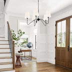 Chandelier with Linen Shade, Black Dining Room Light Fixtures Over Table, Classic Pendant Light Fixtures Ceiling Hanging Lighting for Living Room Bedroom, 5-Arm, 30" Dia
