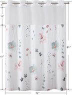 QiyI Flower Shower Curtain with Snap in Liner, Grey and Pink Watercolor Floral Cloth Bath Curtains, No Hook Shower Curtains with Mesh Top Window, Fabric Waterproof Bathroom Curtain Set, 72 x 81 Inch
