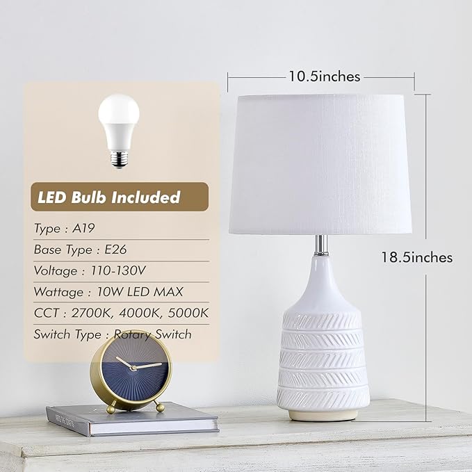 Modern Ceramic Table Lamp, Decor White Desk Lamp 18.5" for Living Room Bedroom Dorm Farmhouse Office Bedside Night Stand End Corner, 3-Color Temperature LED Bulbs Included Beige