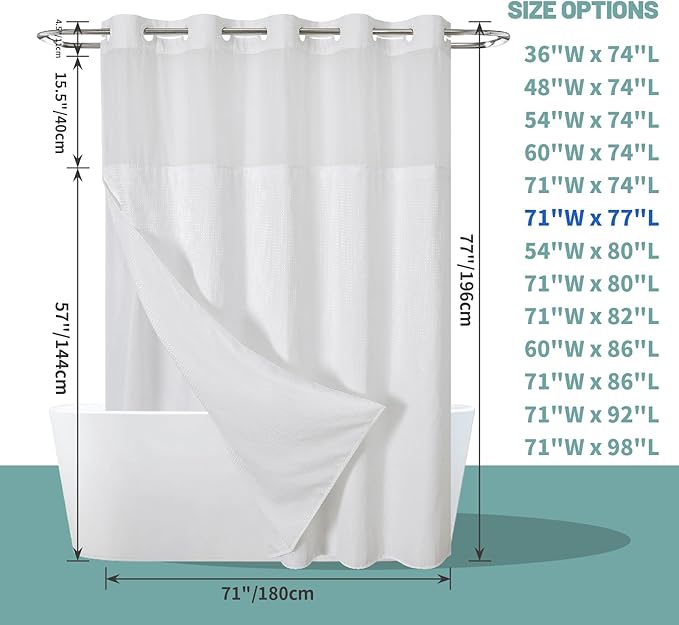 White No Hook Waffle Weave Shower Curtain with snap-in Liner Replacement, 230GSM Waterproof Fabric Hotel Shower Curtain Set for Bathroom, Through Mesh Top Window,71Wx77H