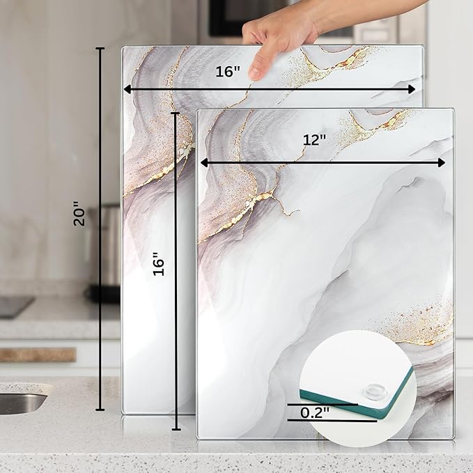 Glass Cutting Board 20”x16”: Tempered Glass Kitchen Counter Protector - Durable- Scratch-Resistant, Heat-Proof - Design 7 - White & Gold