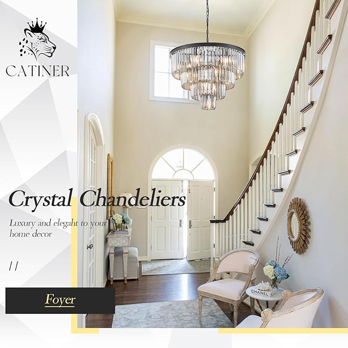 24”Modern Black Crystal Chandeliers Ceiling Round Smoke Gray Crystal Chandelier Luxury 4-Tier 12 Lights Pendant Light Fixture Contemporary for Dining Room Foyer Staircase Living Room