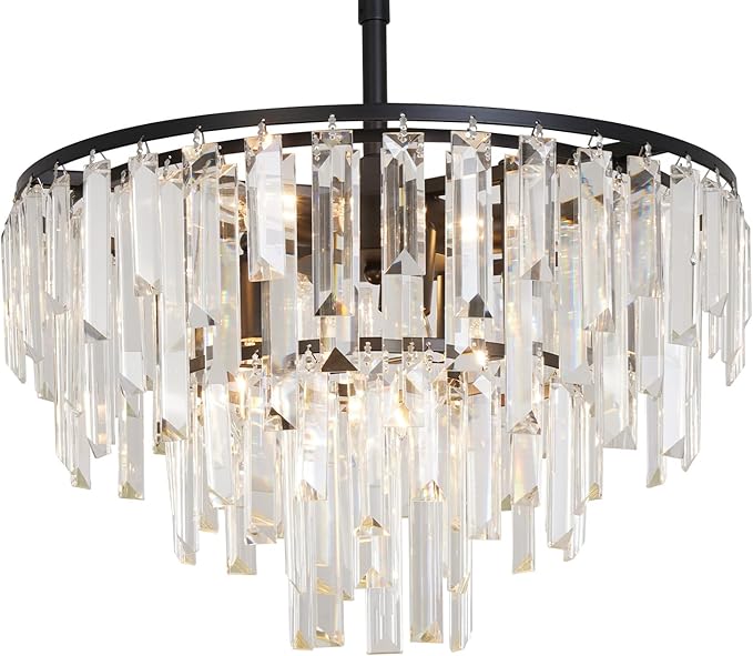 Black Modern Round Top K9 Crystal Chandelier Lighting Fixture, 6 Lights Round K9 Crystal Adjustable Hanging Lamp for Dining Room Bedroom Living Room,Hallway,Bar,Kitchen W17'