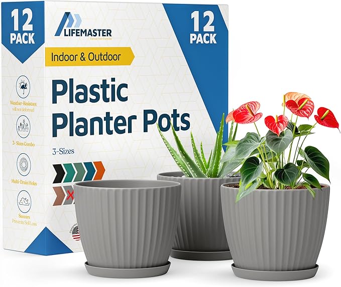 Gray 6-Inch Plant Pots with Drainage & Saucers 12 Pack, Indoor & Outdoor Planters for Houseplants, Herbs, and Flowers, Durable & Weatherproof Material, Stackable, Lightweight, Minimalist Design